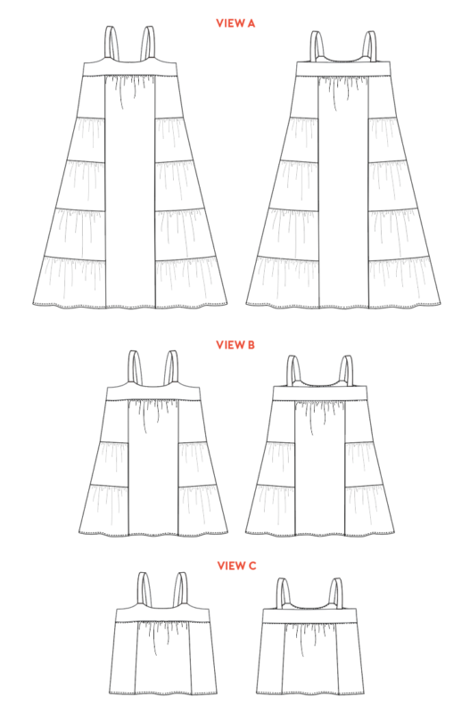 Line drawings show the front and back views of the tiered Marcel Dress and Tank Top Pattern