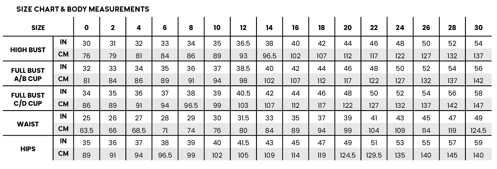 Waterfall Raglan size chart is shown in black and white