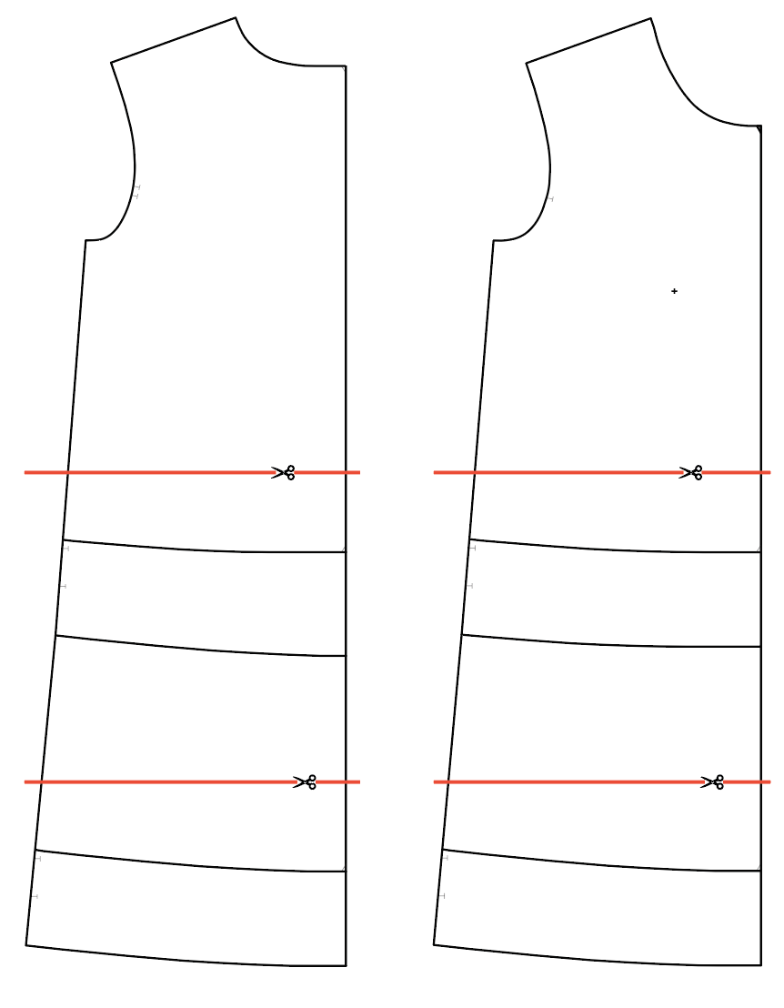 Pixie pattern line drawings are shown in black with red lines indicating where to cut to add or remove length. 