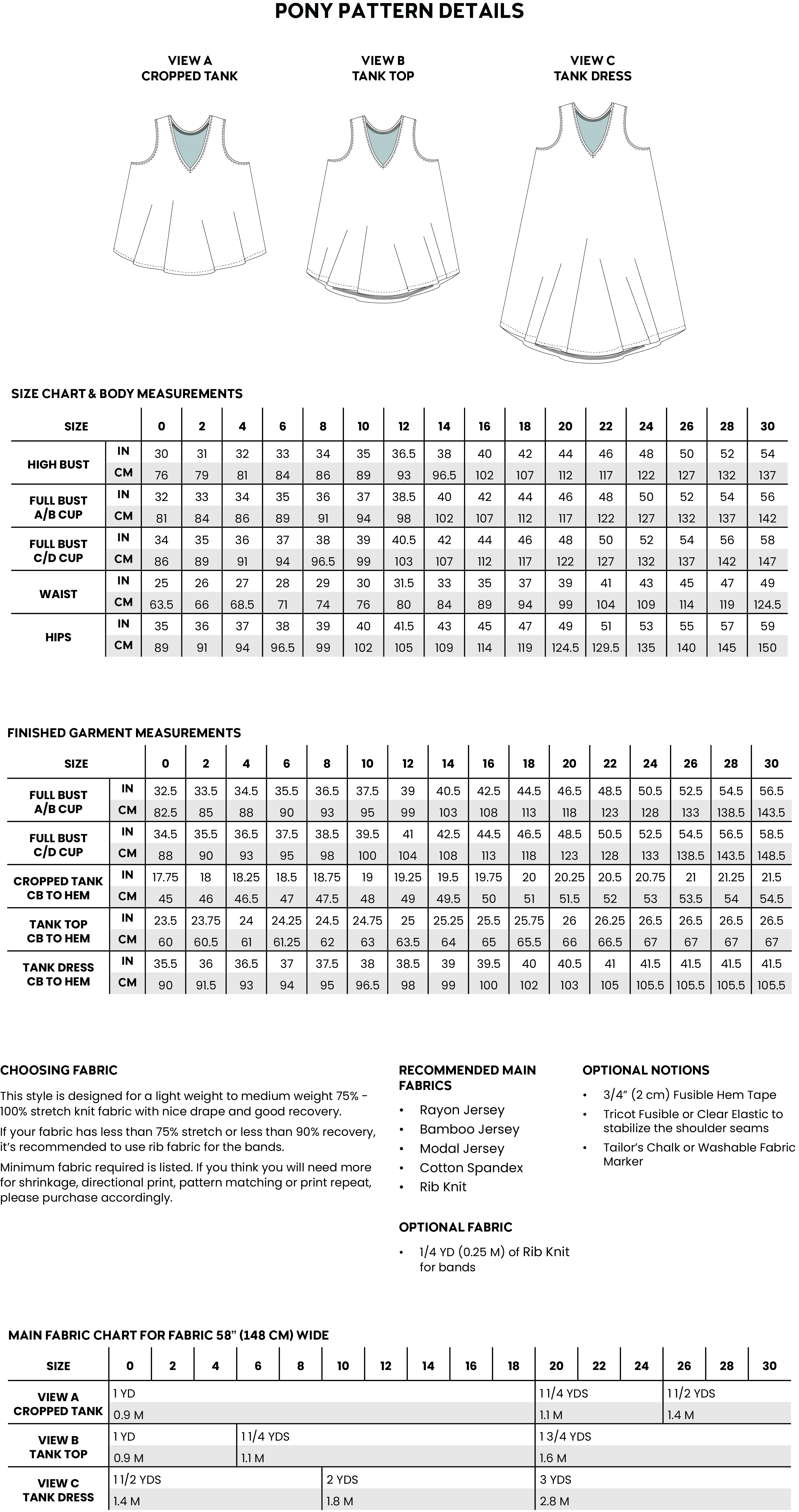 Adult Pony Tank pattern measurements and line drawings are shown in black and white. 