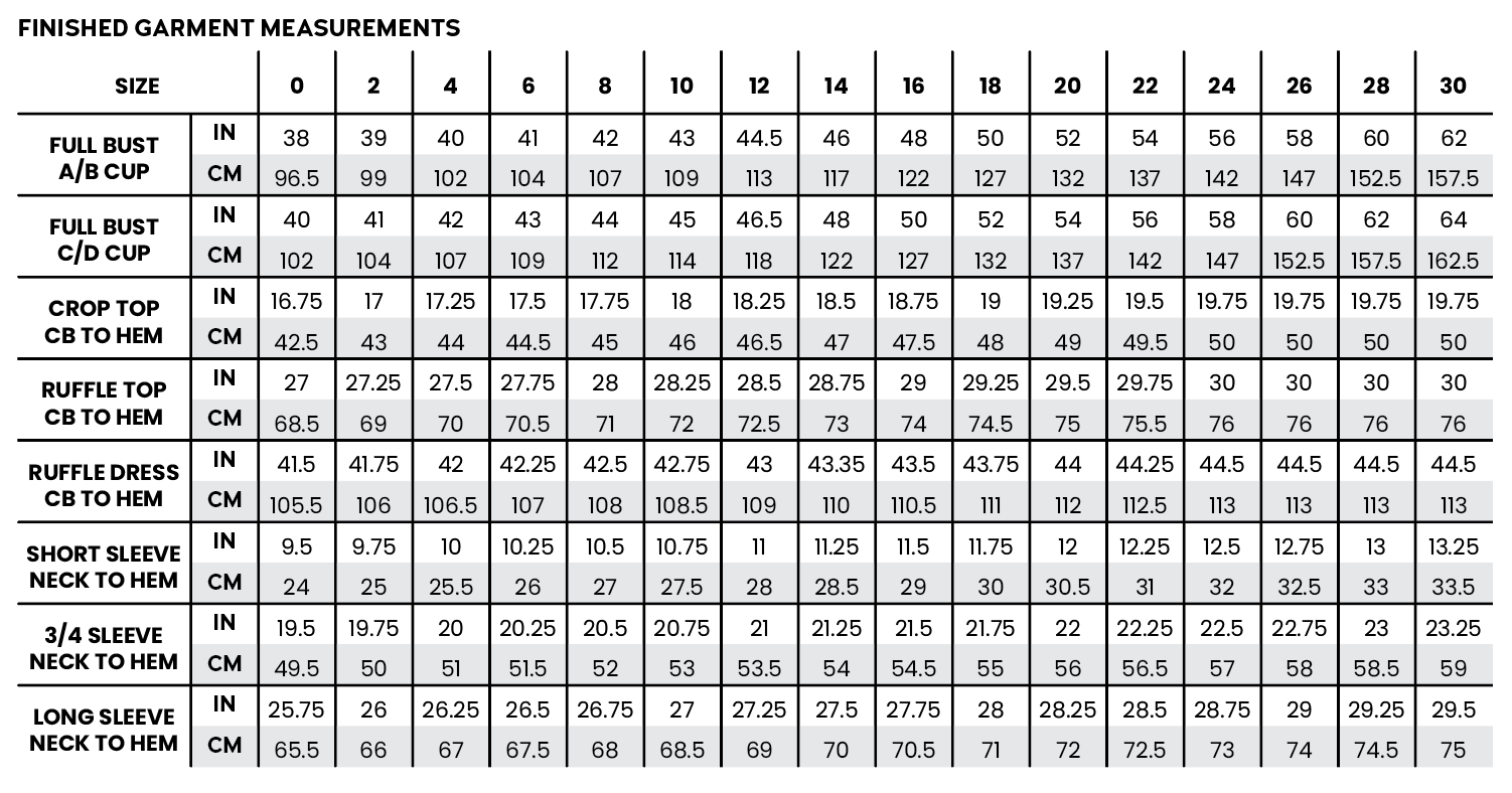 Finished garment measurements for the Waterfall are shown in black and white. 