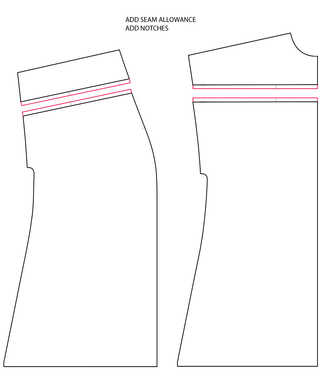 Diagram shows how to add seam allowances and a yoke to Fringe.
