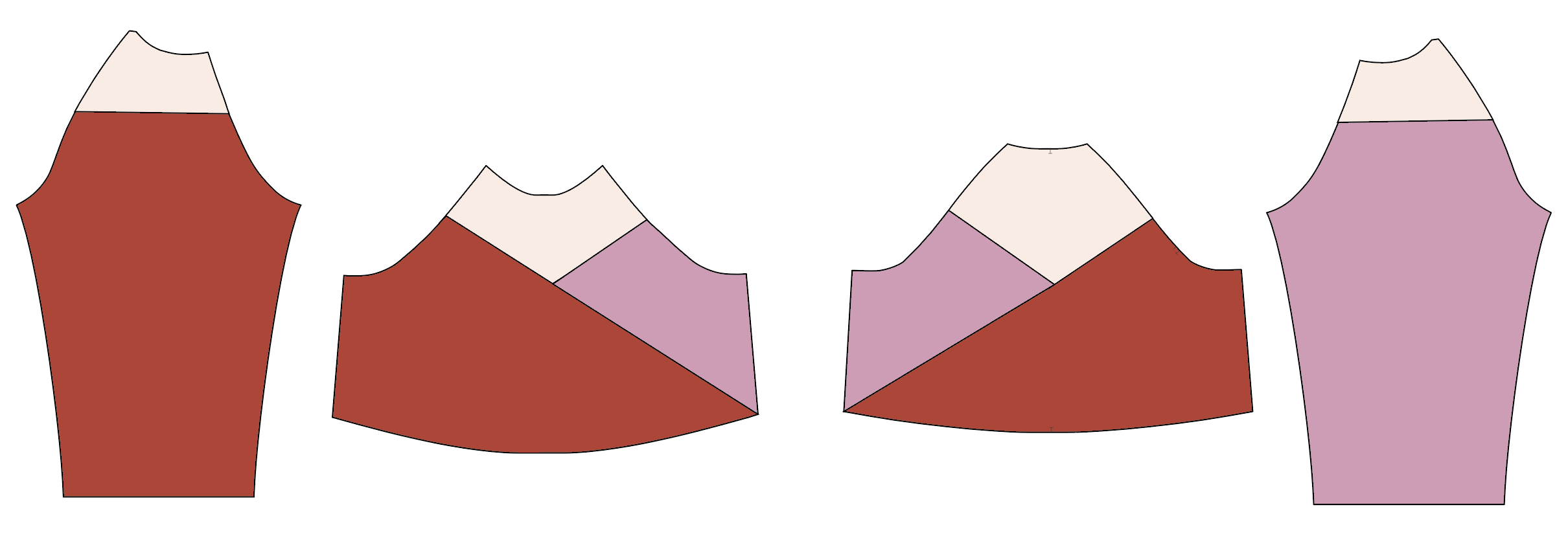 Illustration showing both sleeves, front, and back pattern pieces color-blocked