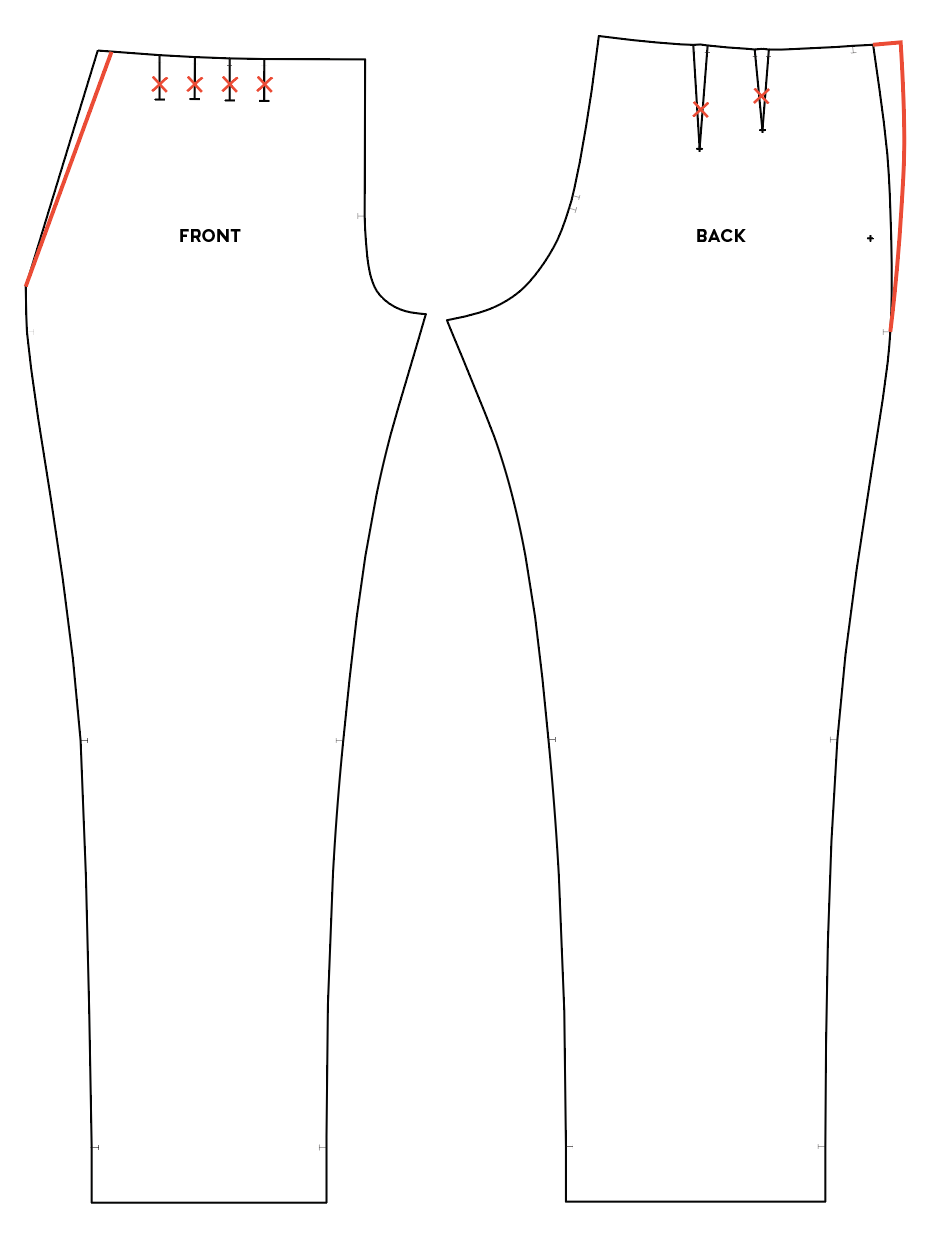 Crew trouser tutorial pattern piece  illustrations shown in black and white with red alteration lines. 