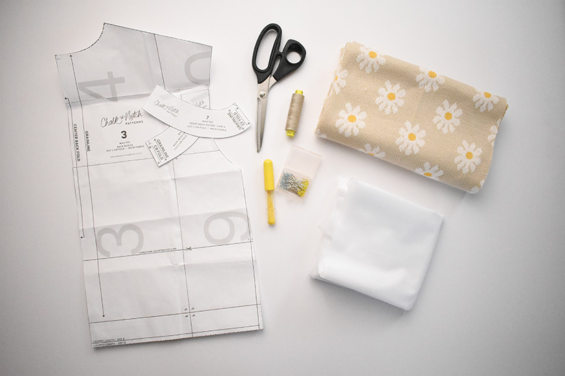 Fabric and Sewing Supplies for the Max Tee are shown on a white background