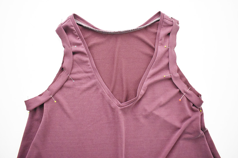 The armhole bands are shown pinned to the armholes of the Pony Tank. 