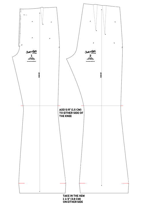 A sewing pattern illustration shows two Isle jean pant legs with red lines for alterations. 