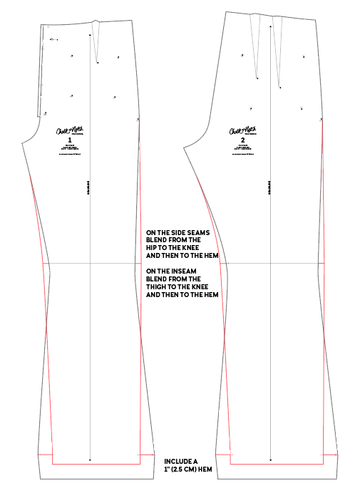 Red lines drawn on isle jeans pattern illustrations show where to blend straight leg pieces. 